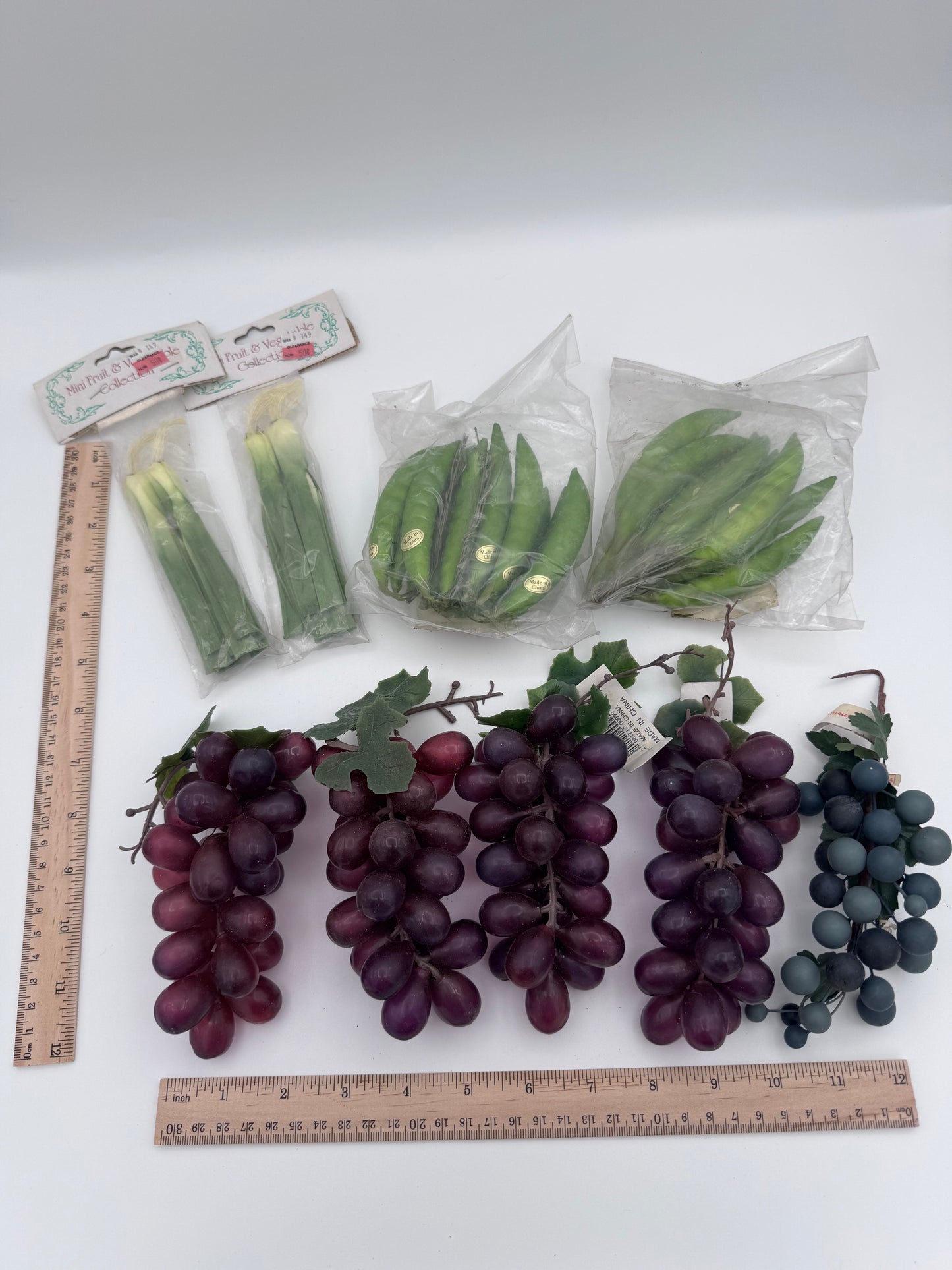 Artificial Fake Fruit and Vegetables for Kitchen Decorations Set of 9 Grapes, Leeks and Green Beans