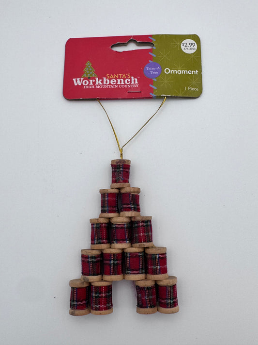 Sewing Spools Red Santa’s Workshop Christmas Vintage Ornament