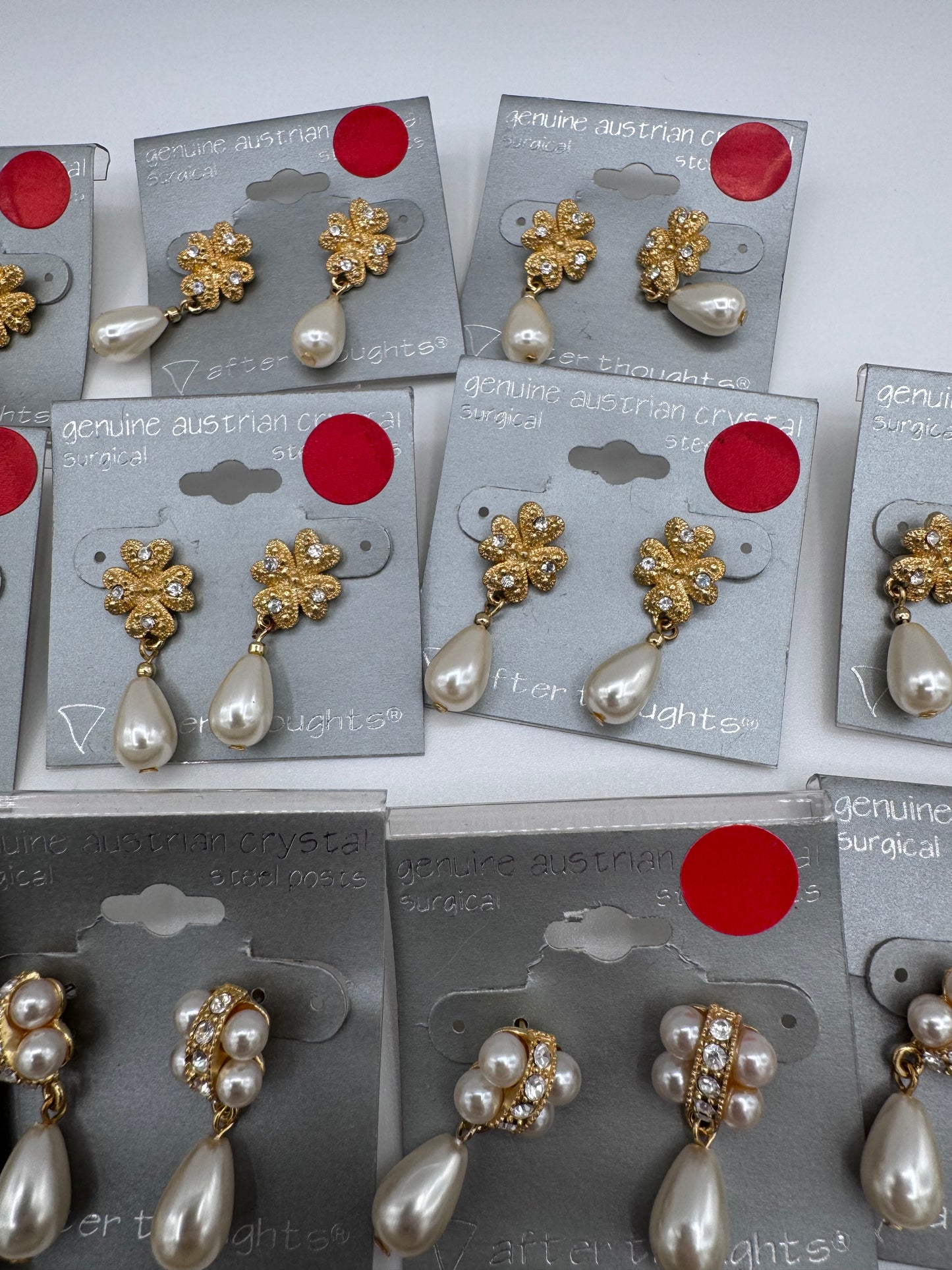 Set of 37 Pairs of Genuine Austrian Crystal Gold and Faux Pearl Dangle Earrings Costume Jewelry Vintage After Thoughts