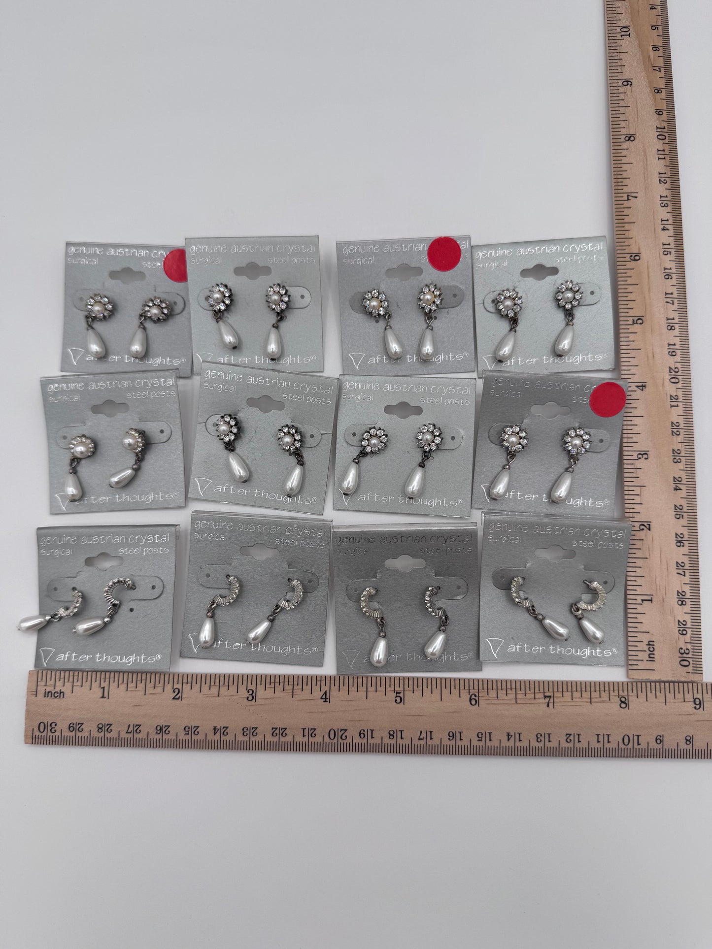 Set of 12 Pairs of Genuine Austrian Crystal Silver and Faux Pearl Dangle Earrings Costume Jewelry Vintage After Thoughts