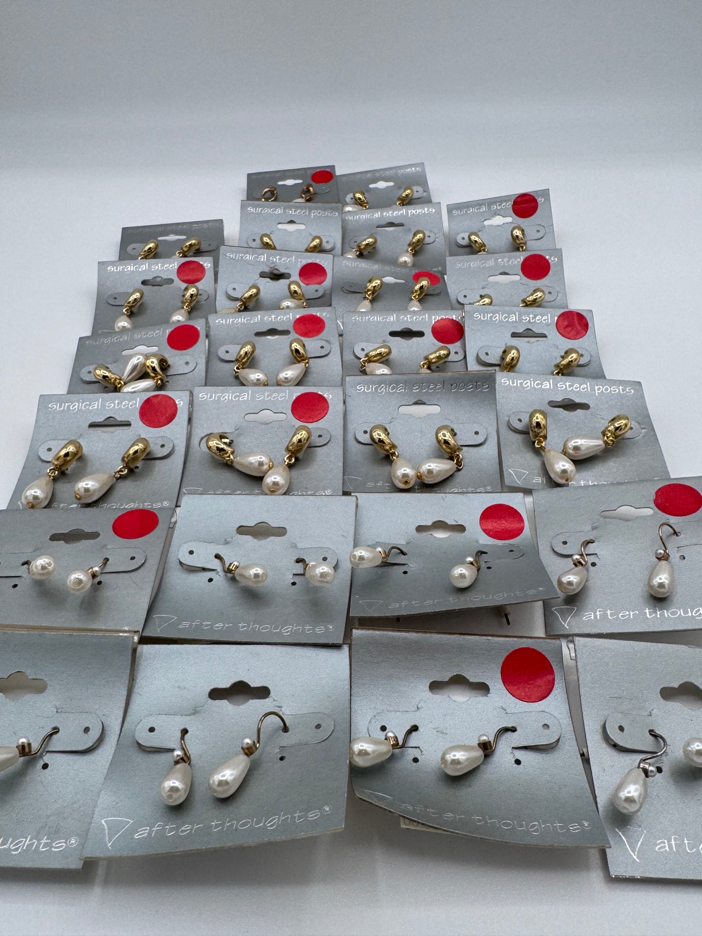 Set of 26 Pairs of Round Plastic Pearl Dangle Earrings Costume Jewelry Vintage After Thoughts
