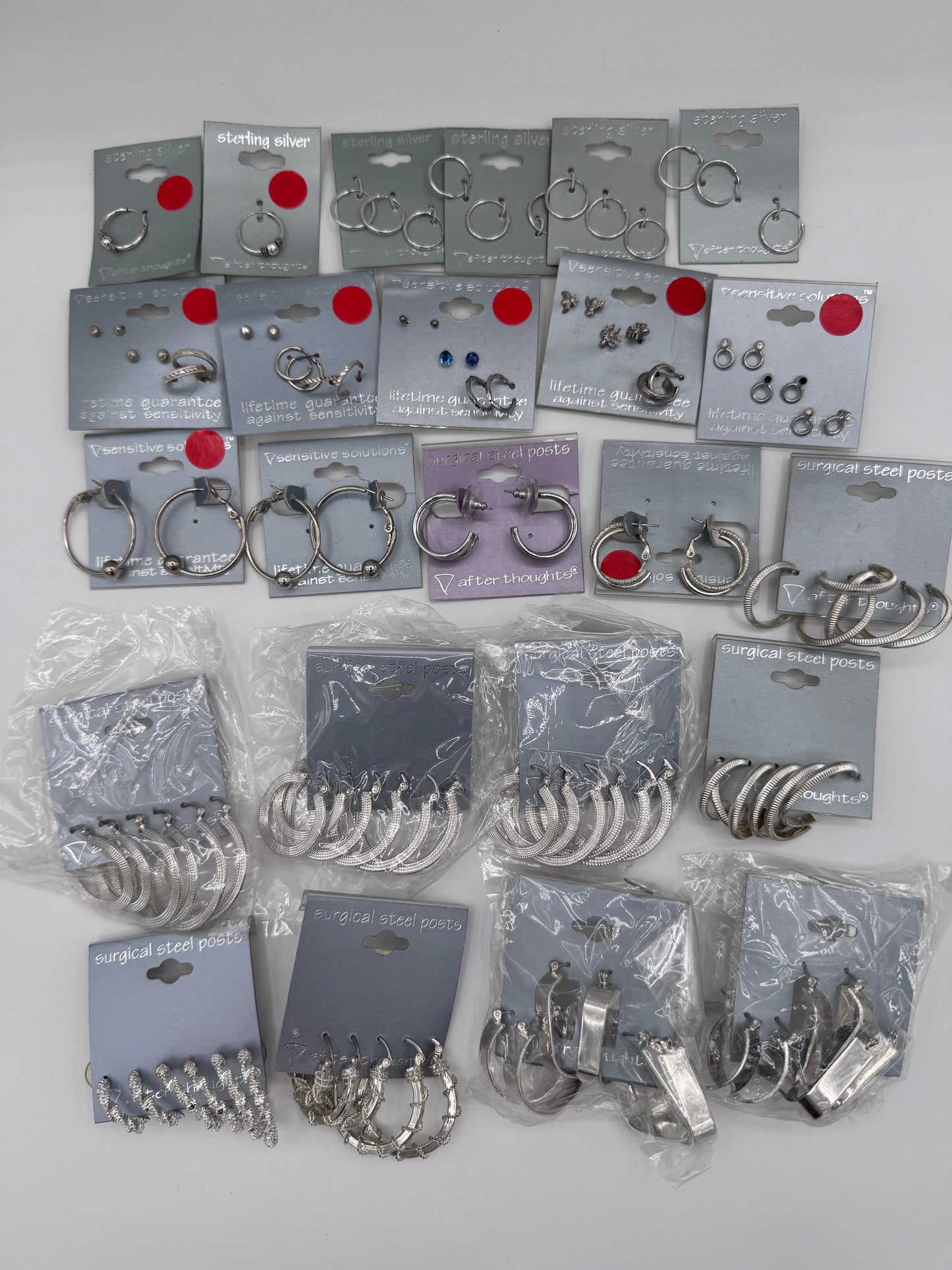 Set of 24 Mixed Silver Hoop and Stud Earrings (46 Pairs, 14 Singles) Costume Jewelry Vintage After Thoughts