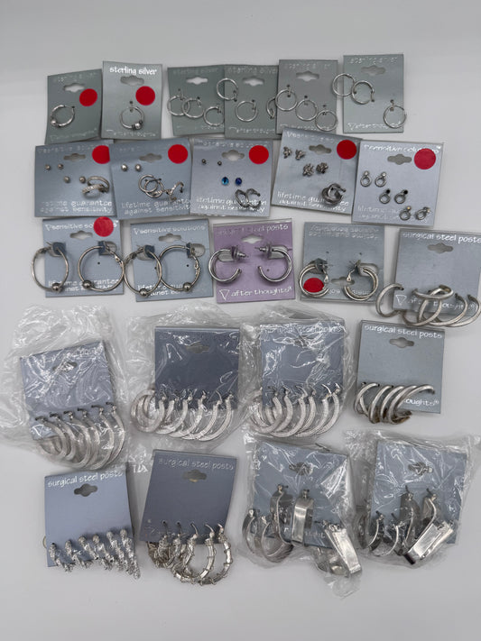 Set of 24 Mixed Silver Hoop and Stud Earrings (46 Pairs, 14 Singles) Costume Jewelry Vintage After Thoughts