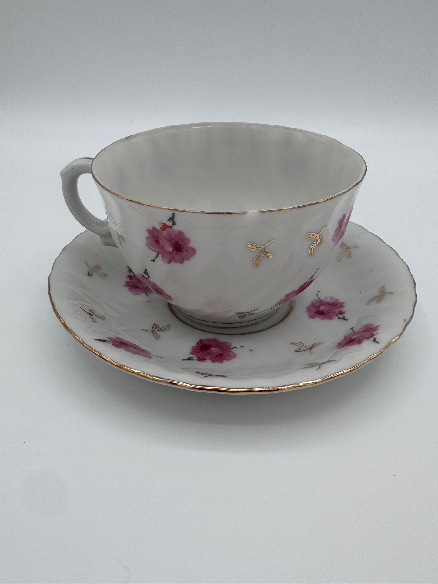 Pink and White Floral Teacup and Saucer Set