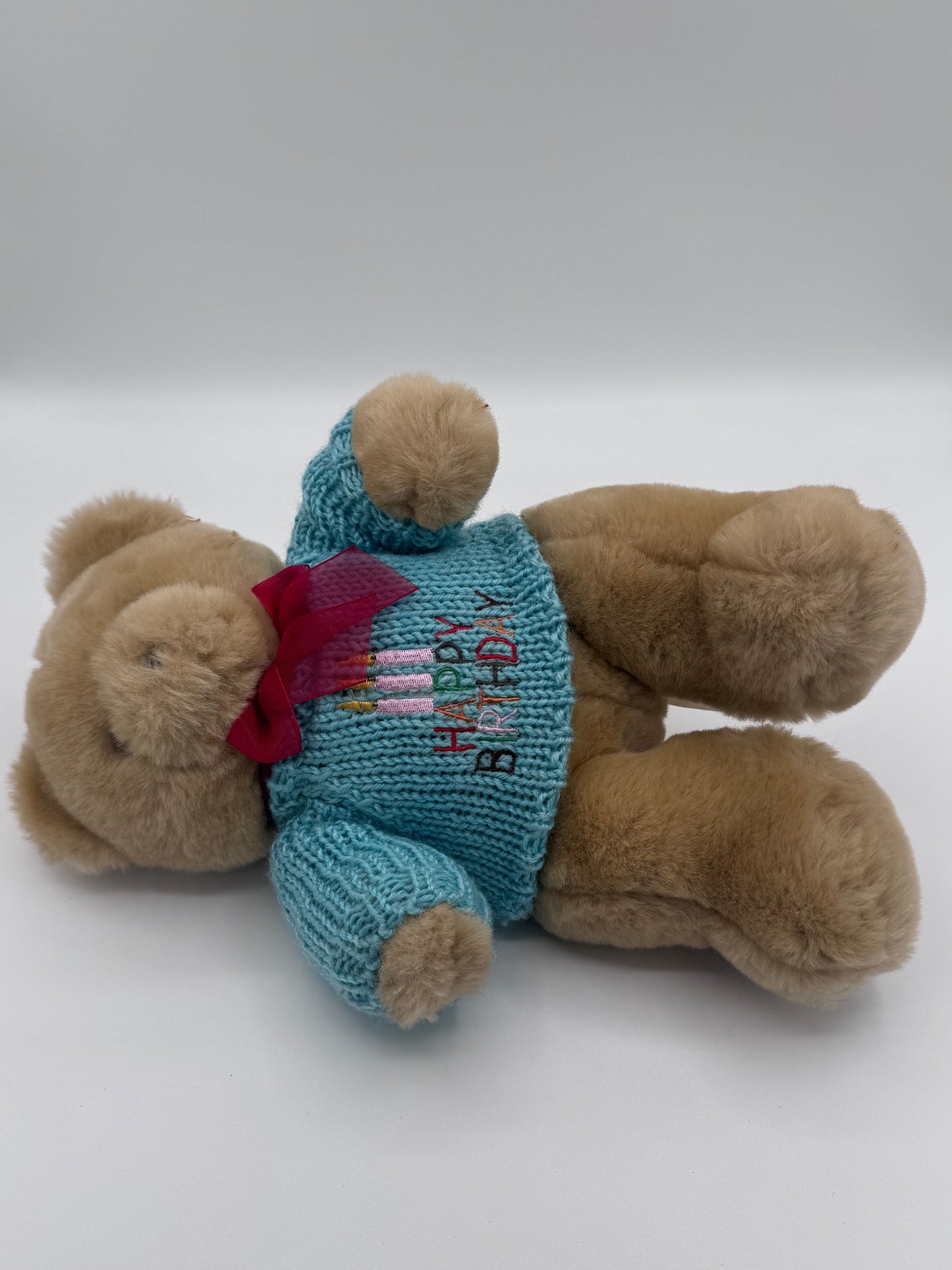 Brown Happy Birthday Teddy Bear Red Bow Aqua Sweater 2004 Michaels