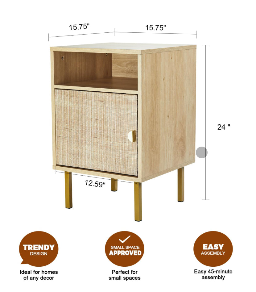 FAIRCRAFT-Linen Nightstand with Handmade Natural Rattan Drawers, Bedside Table, End Table, Rattan Side Table, Wood Nightstand, for Bedroom, Living Room