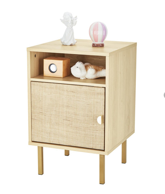 FAIRCRAFT-Linen Nightstand with Handmade Natural Rattan Drawers, Bedside Table, End Table, Rattan Side Table, Wood Nightstand, for Bedroom, Living Room