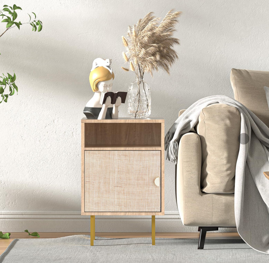 FAIRCRAFT-Linen Nightstand with Handmade Natural Rattan Drawers, Bedside Table, End Table, Rattan Side Table, Wood Nightstand, for Bedroom, Living Room