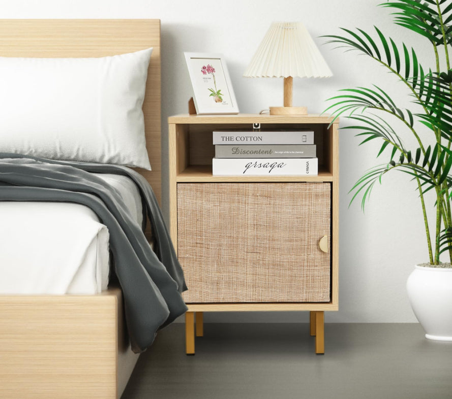 FAIRCRAFT-Linen Nightstand with Handmade Natural Rattan Drawers, Bedside Table, End Table, Rattan Side Table, Wood Nightstand, for Bedroom, Living Room