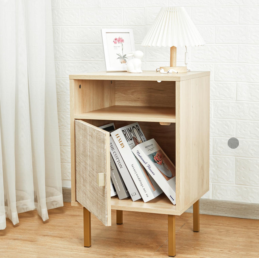 FAIRCRAFT-Linen Nightstand with Handmade Natural Rattan Drawers, Bedside Table, End Table, Rattan Side Table, Wood Nightstand, for Bedroom, Living Room