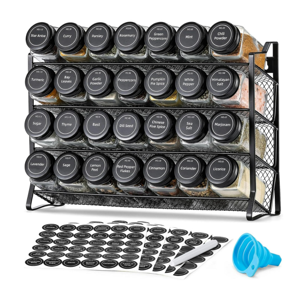 Spice Rack Organizer for Cabinet, Spice Organizer with 28 Empty Spice Jars with Black Lids, Funnel, Spice Labels, Seasoning Organizer for Countertop, Cabinet, Kitchen, Pantry, Cupboard