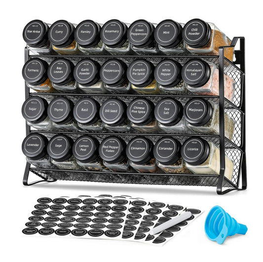 Spice Rack Organizer for Cabinet, Spice Organizer with 28 Empty Spice Jars with Black Lids, Funnel, Spice Labels, Seasoning Organizer for Countertop, Cabinet, Kitchen, Pantry, Cupboard