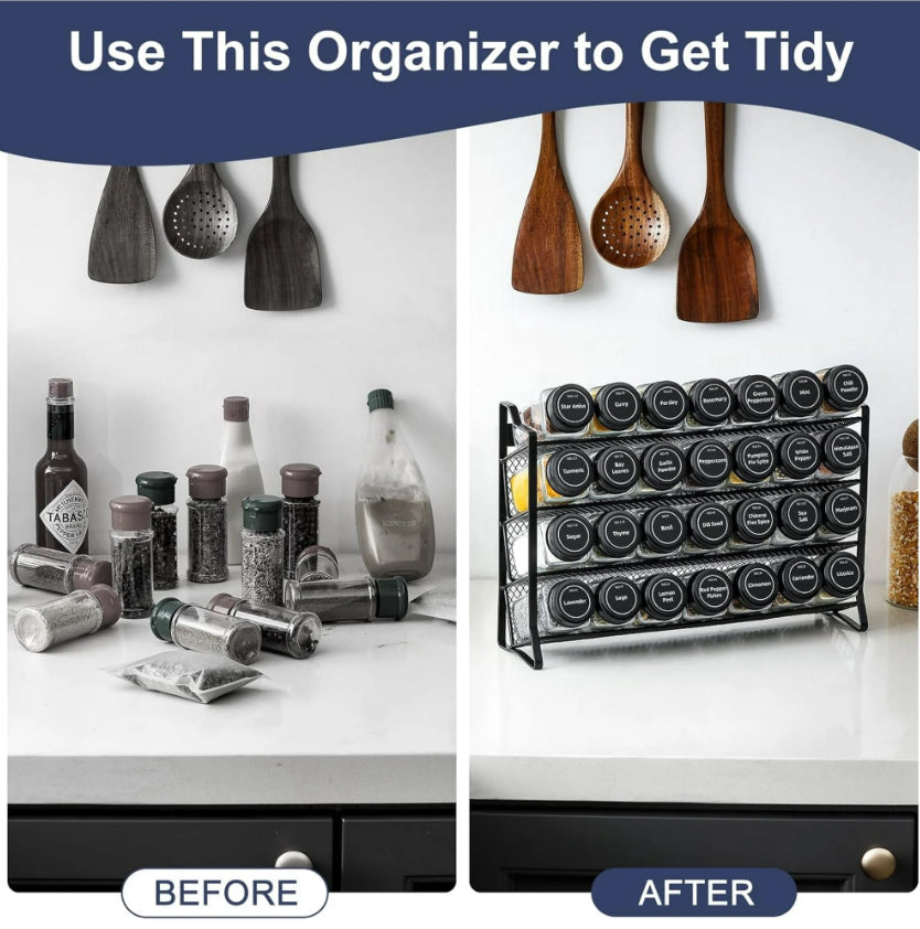 Spice Rack Organizer for Cabinet, Spice Organizer with 28 Empty Spice Jars with Black Lids, Funnel, Spice Labels, Seasoning Organizer for Countertop, Cabinet, Kitchen, Pantry, Cupboard