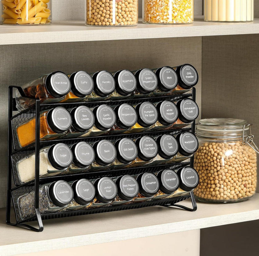 Spice Rack Organizer for Cabinet, Spice Organizer with 28 Empty Spice Jars with Black Lids, Funnel, Spice Labels, Seasoning Organizer for Countertop, Cabinet, Kitchen, Pantry, Cupboard