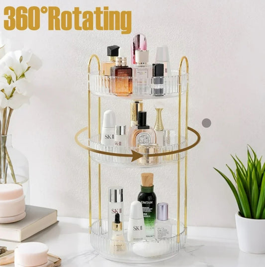 360° Rotating Makeup Organizer for Vanity, 3 Tier Large Skincare Make Up Storage Perfume Organizers for Bathroom Counter, Clear Cosmetic Dresser Lipstick Spinning Holder