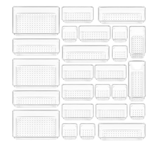 25 PCS Clear Plastic Drawer Organizers Set, 4-Size Versatile Bathroom and Vanity Drawer Organizer Trays, Storage Bins for Makeup, Bedroom, Kitchen Gadgets Utensils and Office