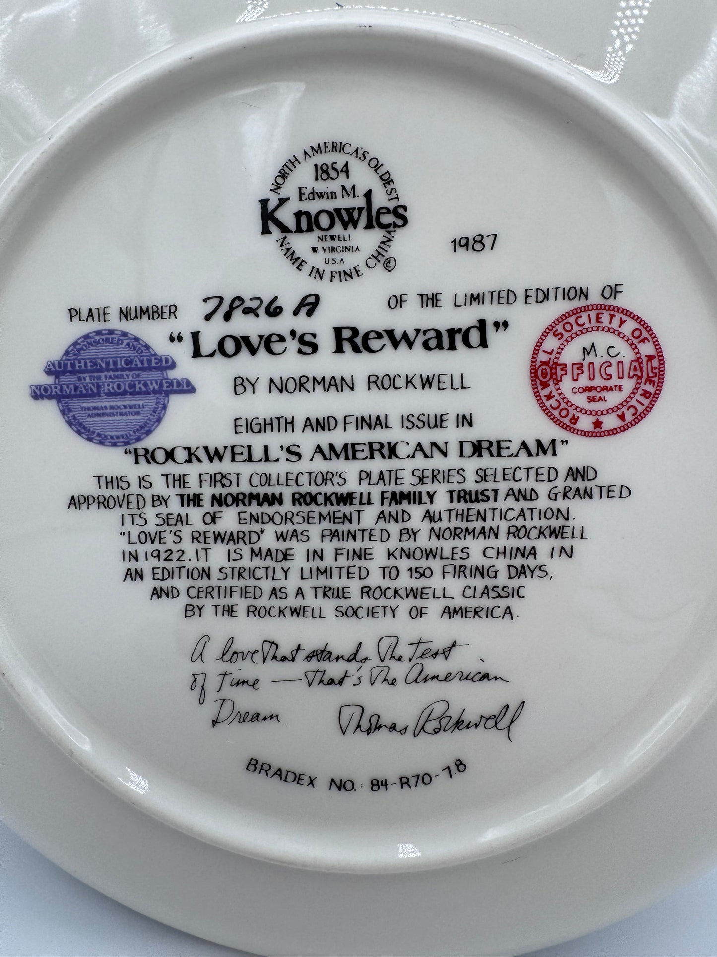 Love’s Reward 1987 Norman Rockwell Collector Plate