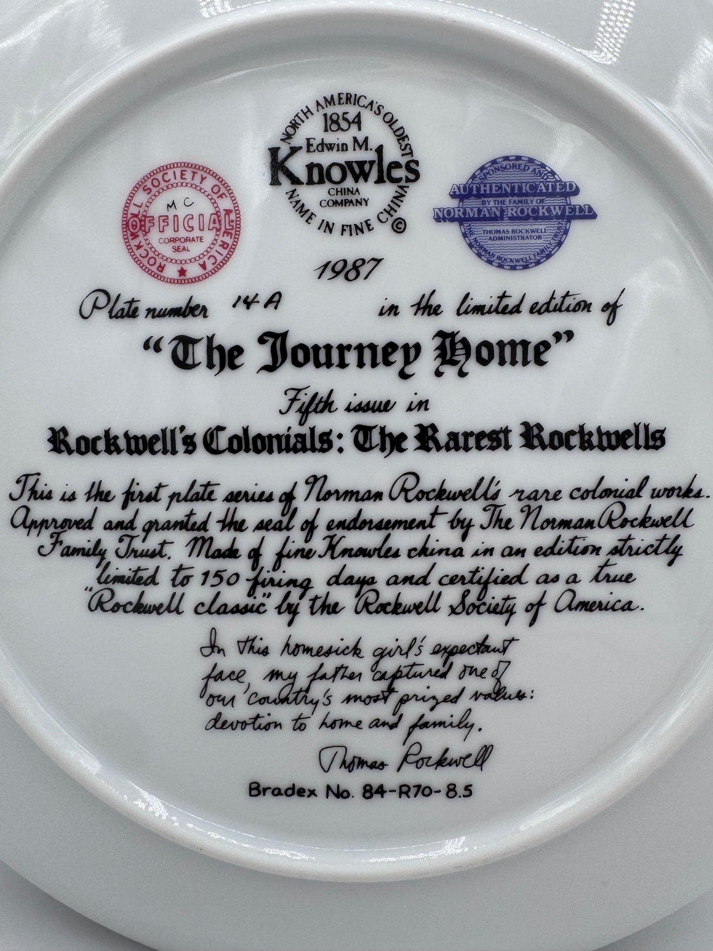 The Journey Home 1987 Norman Rockwell Collector Plate 14A LOW ISSUE Number!