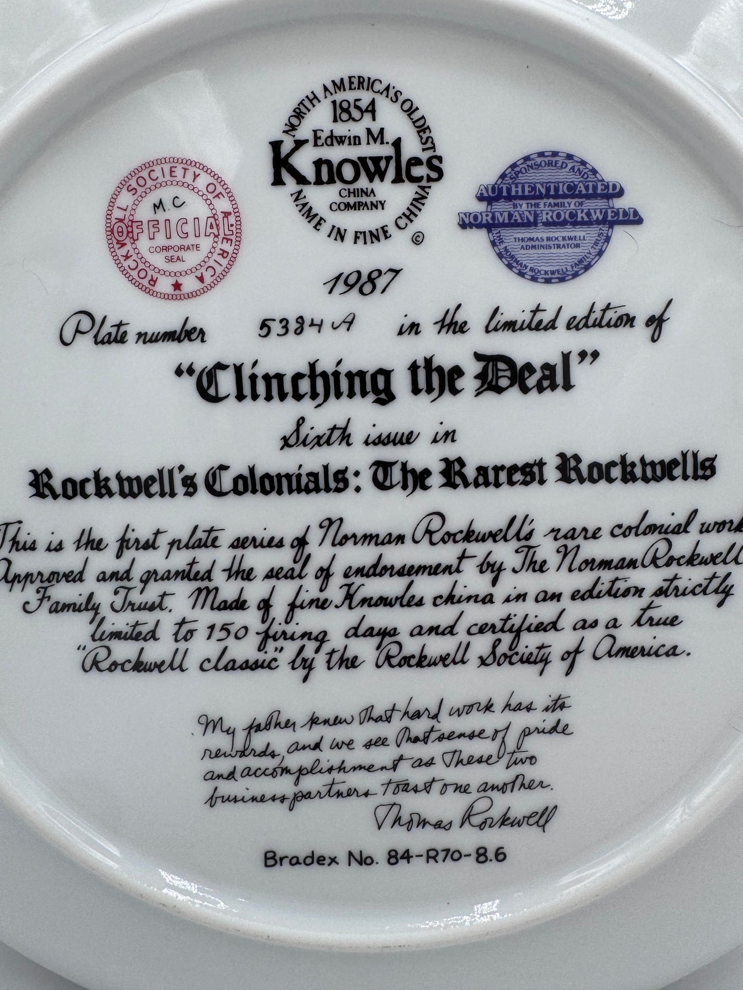 Clinching The Deal 1987 Norman Rockwell Collector Plate